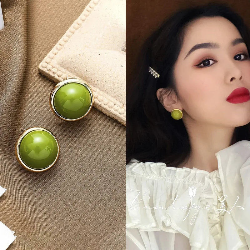 Trendy Green Round Stud Earrings for Women Party Classic Jewelry Golden Color Geometry Beans Shape Earrings Wholesale