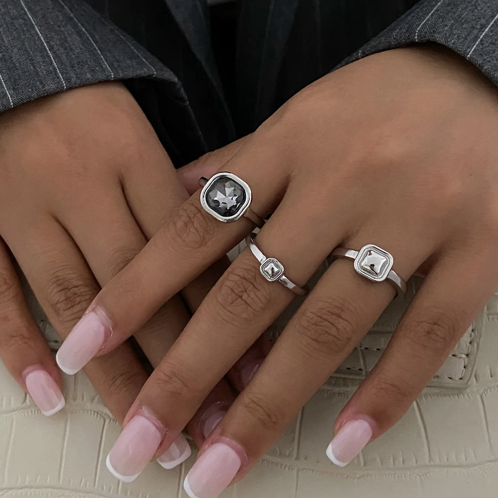 KunJoe 3Pcs/Set Fashion Square Acrylic Rhinestone Open Rings for Women Minimalist Geometry Adjustable Knuckle Ring Party Jewelry