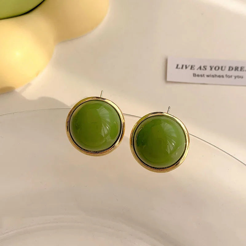Trendy Green Round Stud Earrings for Women Party Classic Jewelry Golden Color Geometry Beans Shape Earrings Wholesale