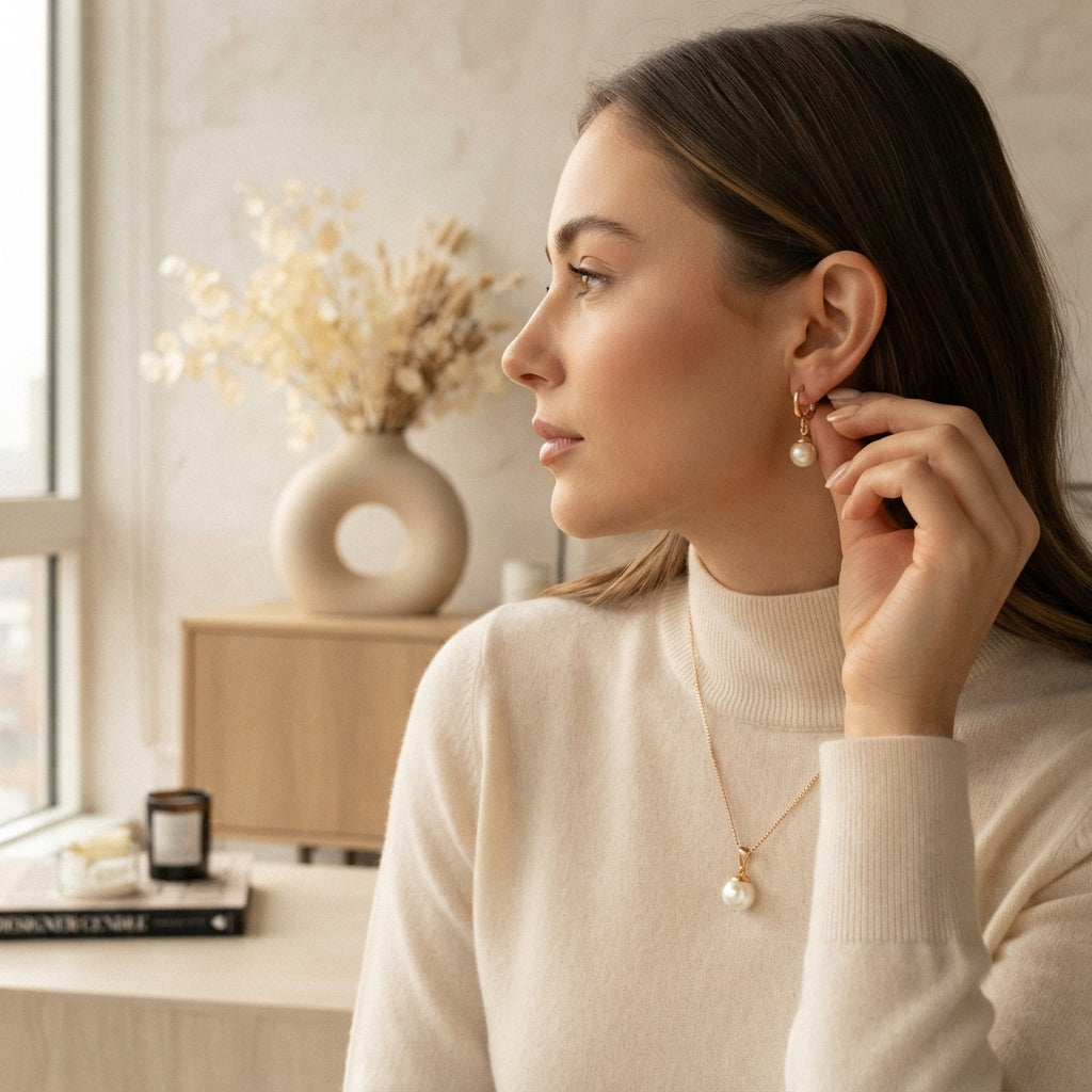 A woman wearing a round pearl necklace and matching earrings in a sunlit room with warm cream and amber decor.