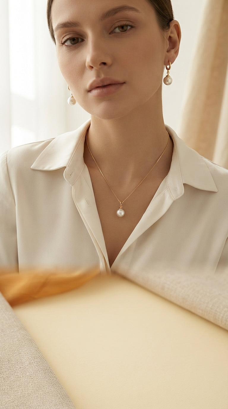 A woman wearing an elegant round pearl necklace and earring set in a soft-focus, warm-toned luxury setting.