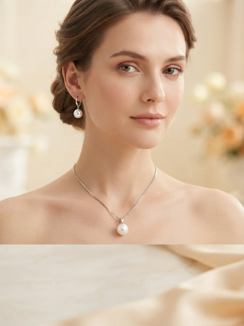 A woman wearing a round pearl jewelry set including a necklace and earrings in a soft, warm-toned, elegant setting.