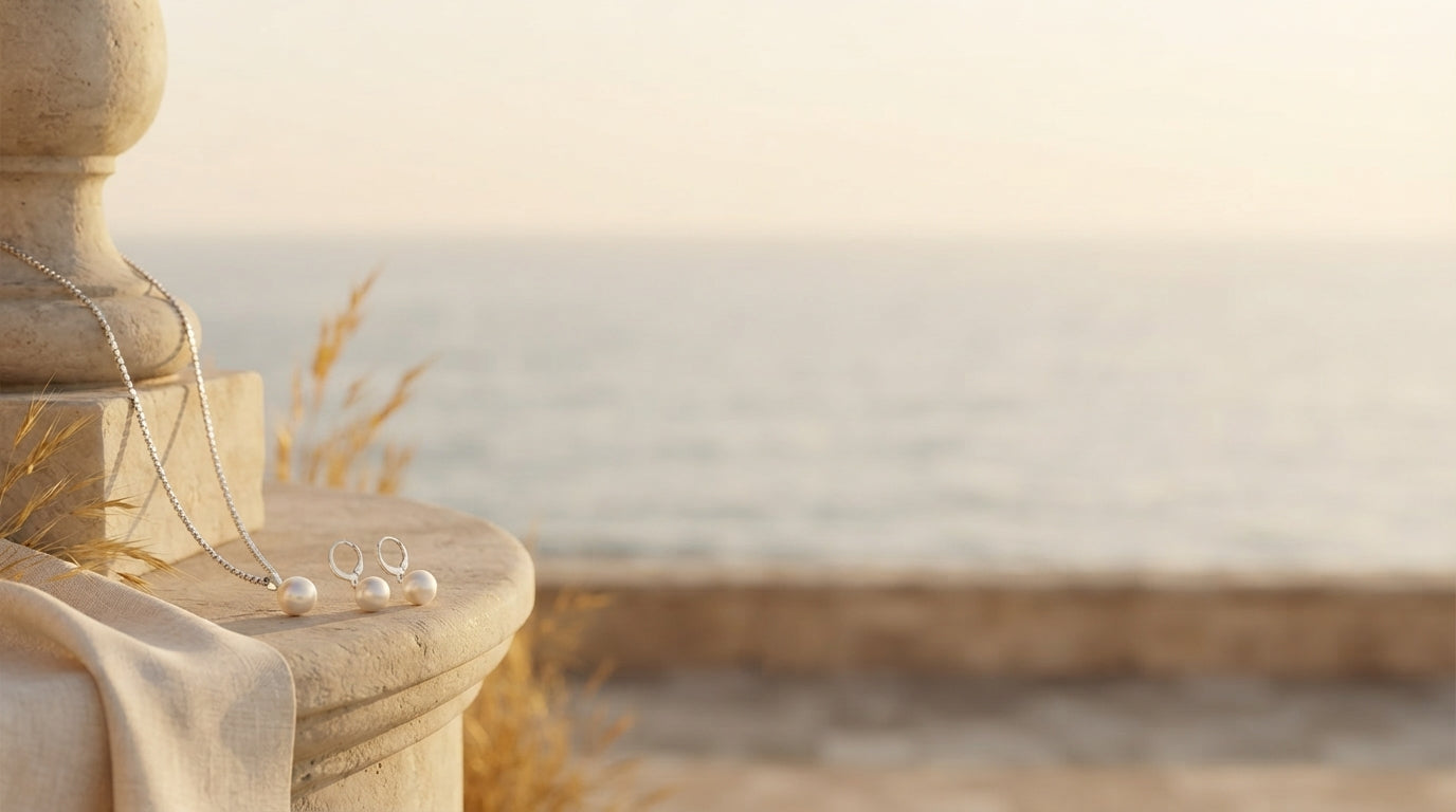 A pearl jewelry set with a necklace and earrings displayed on a stone surface against a blurred coastal background.