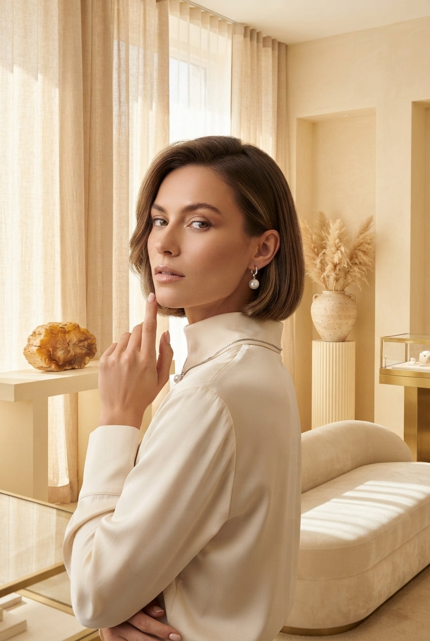 A woman wearing an elegant pearl jewelry set in a sunlit, upscale boutique with warm neutral decor.